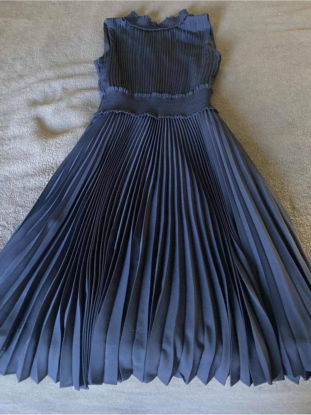 Nanette Lepore Navy Pleated Midi Dress with Smocked Waist